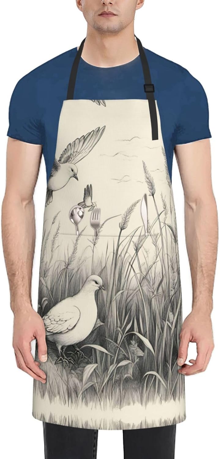 Grass and dove print Waterproof chef's apron with pocket apron for kitchen cooking baking barbecue and gardening