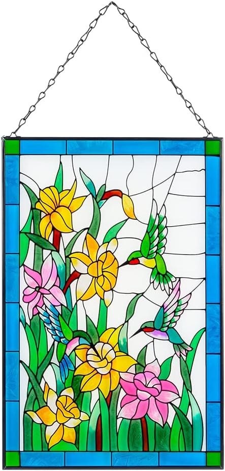 Viveta Hummingbird Stained Glass Window Hanging, Birds and Flowers Suncatcher for Window, Hummingbird Stained Glass Panel Hanging Ornament(Rectangular 10 * 15")