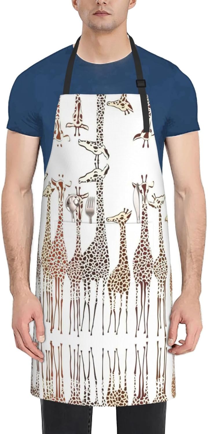Cute Wild Cartoon Giraffes Print Laundry apron 28x33 In Waterproof Kitchen Apron with Pockets for Cooking Baking