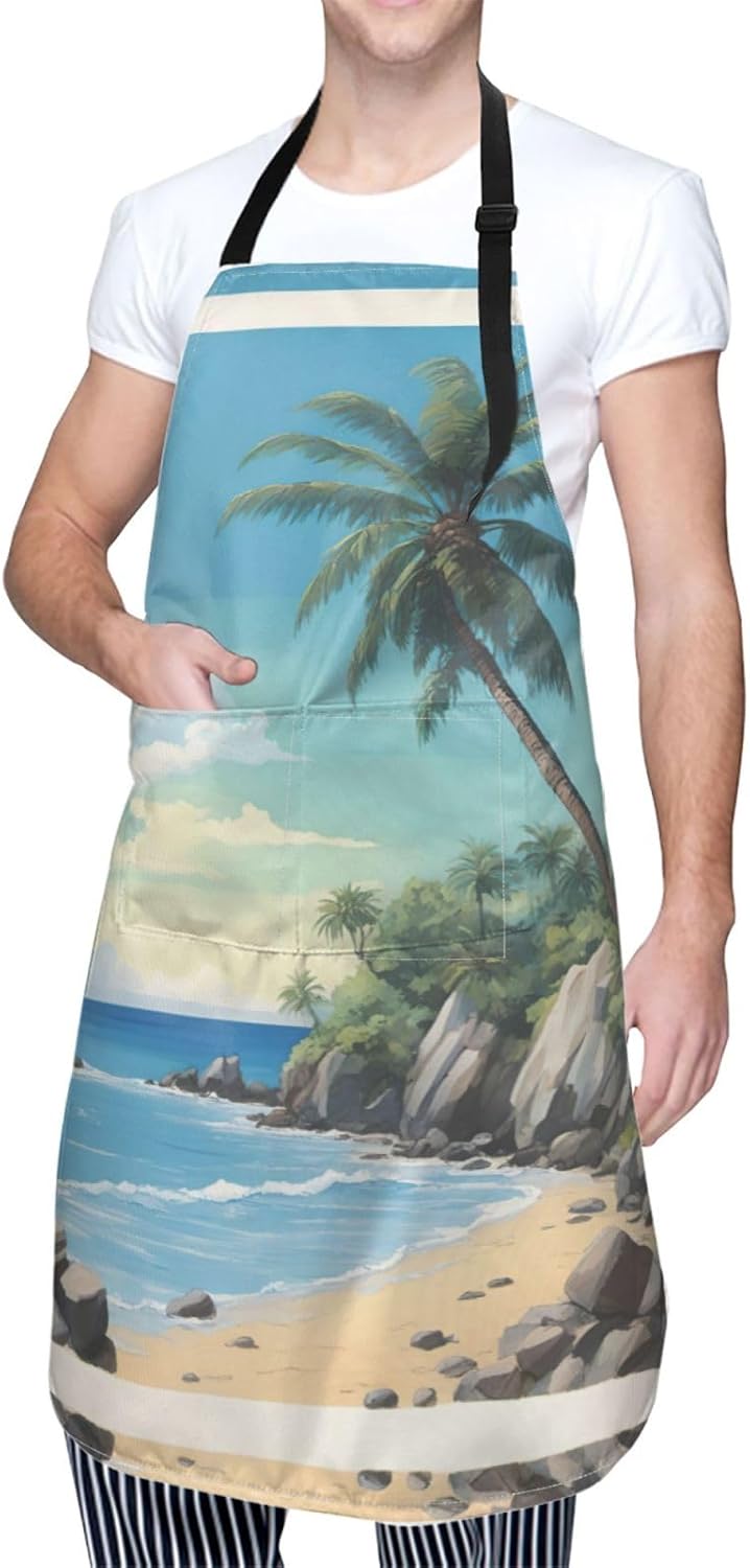 Palm Tree Rocky Shore print Waterproof chef's apron with pocket apron for kitchen cooking baking barbecue and gardening