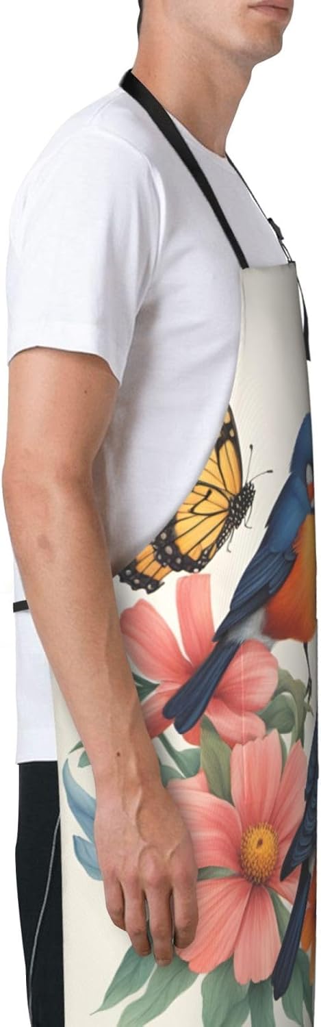 Birds Flowers Butterfly print Waterproof chef's apron with pocket apron for kitchen cooking baking barbecue and gardening