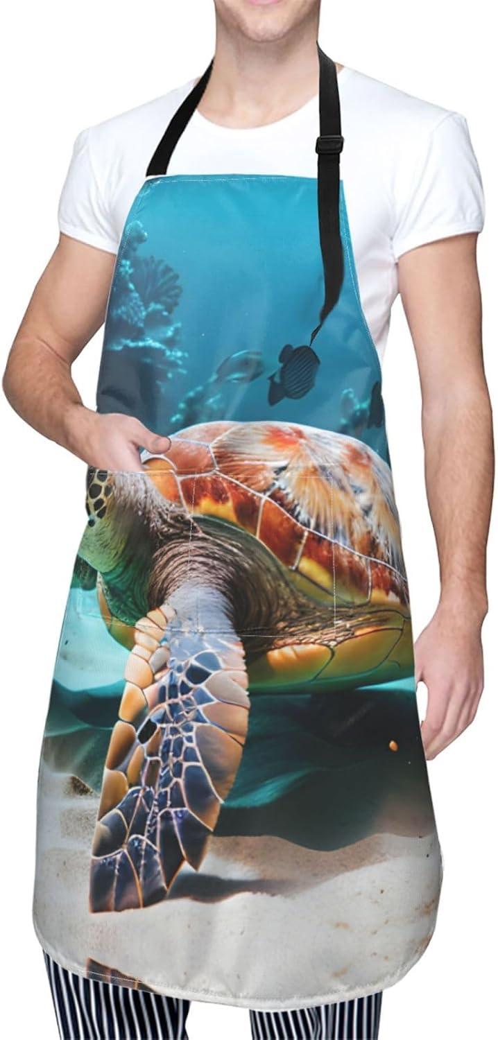 Sea Turtle Print Laundry apron 28x33 In Waterproof Kitchen Apron with Pockets for Cooking Baking