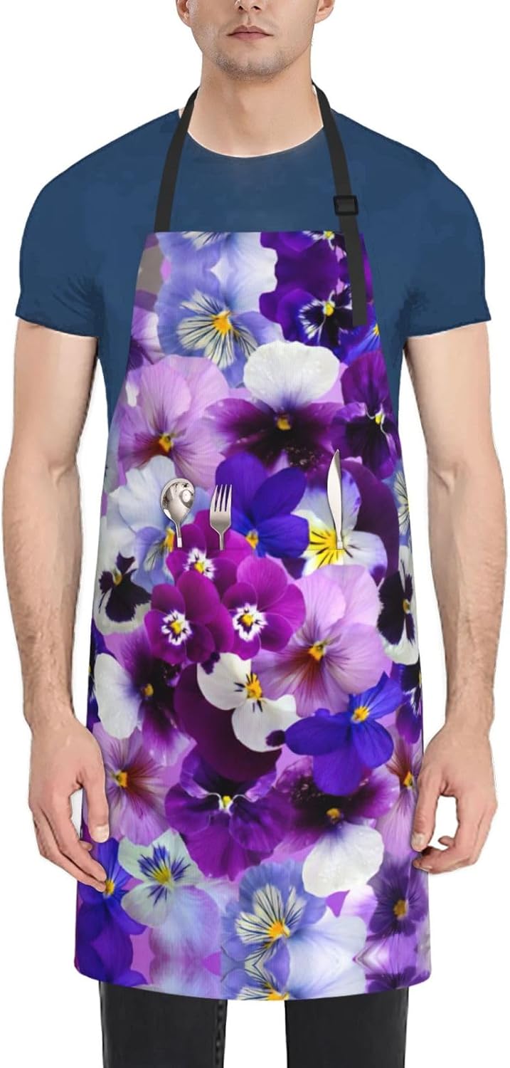 Purple Flower Print Laundry apron 28x33 In Waterproof Kitchen Apron with Pockets for Cooking Baking
