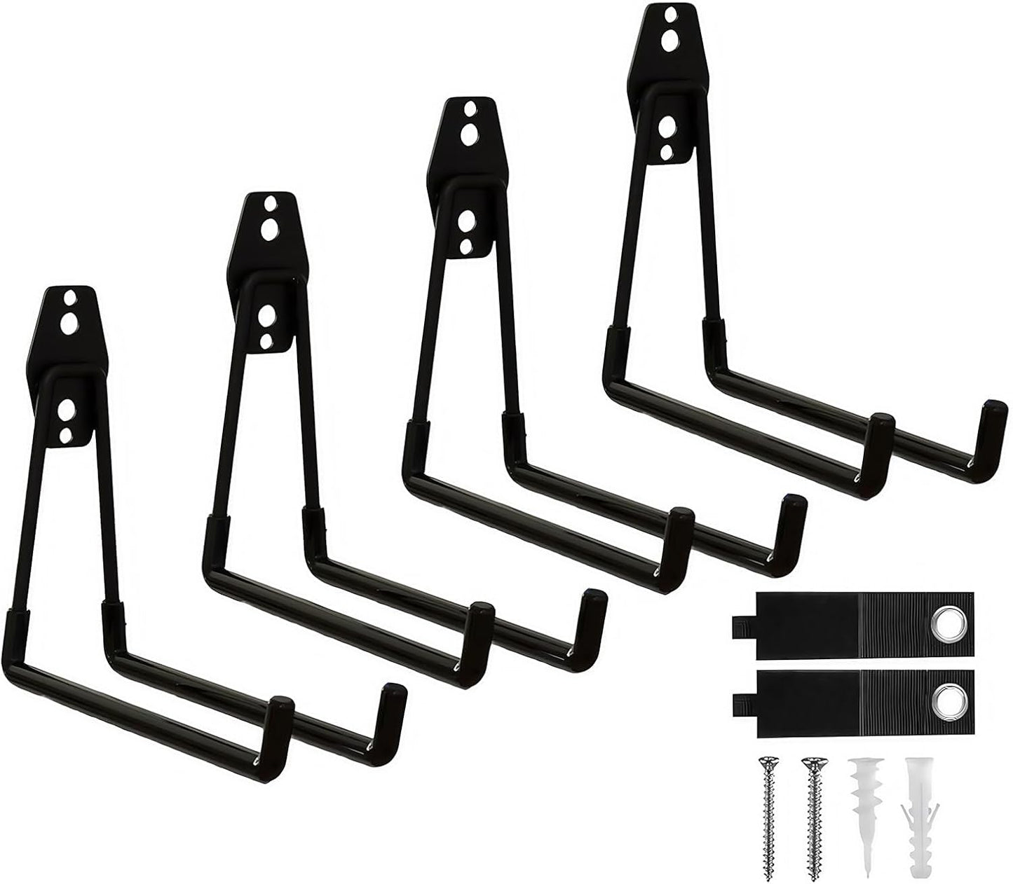 4 Pack Heavy Duty Garage Hooks with 2 Extension Cord Organizer Straps, 7.7 Inch Long Utility Hangers Wall Mount for Ladder, Bikes, Garden Tools, Hose, Ski Storage, Maximize Vertical Space