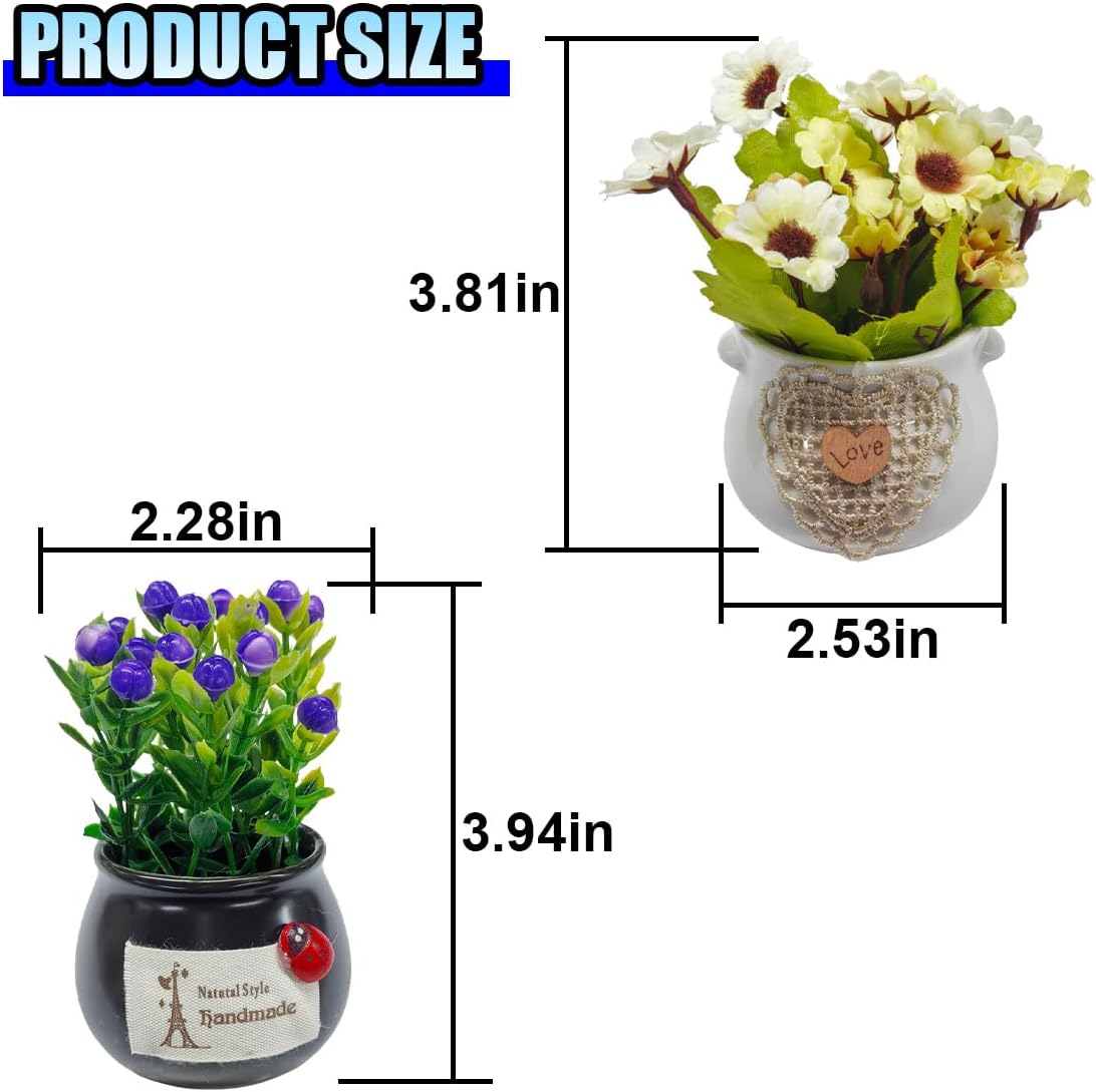 2PCS Cute Flower Bouquet in Pottery Vase Car Dashboard Ornament for Women Interior Aesthetic, Miniature Artificial Plant Car Center Console&Dashboard Decoration for Home Office (Purple/Beige)