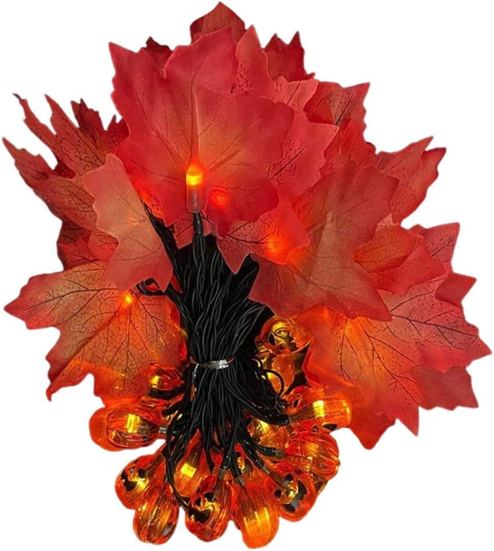 Solar LED String Lights Outdoor Waterproof 7m 50 Pumpkin Maple Leaf Solar-Powered Halloween Garden Courtyard Decor with 8 Modes for Patio and Party