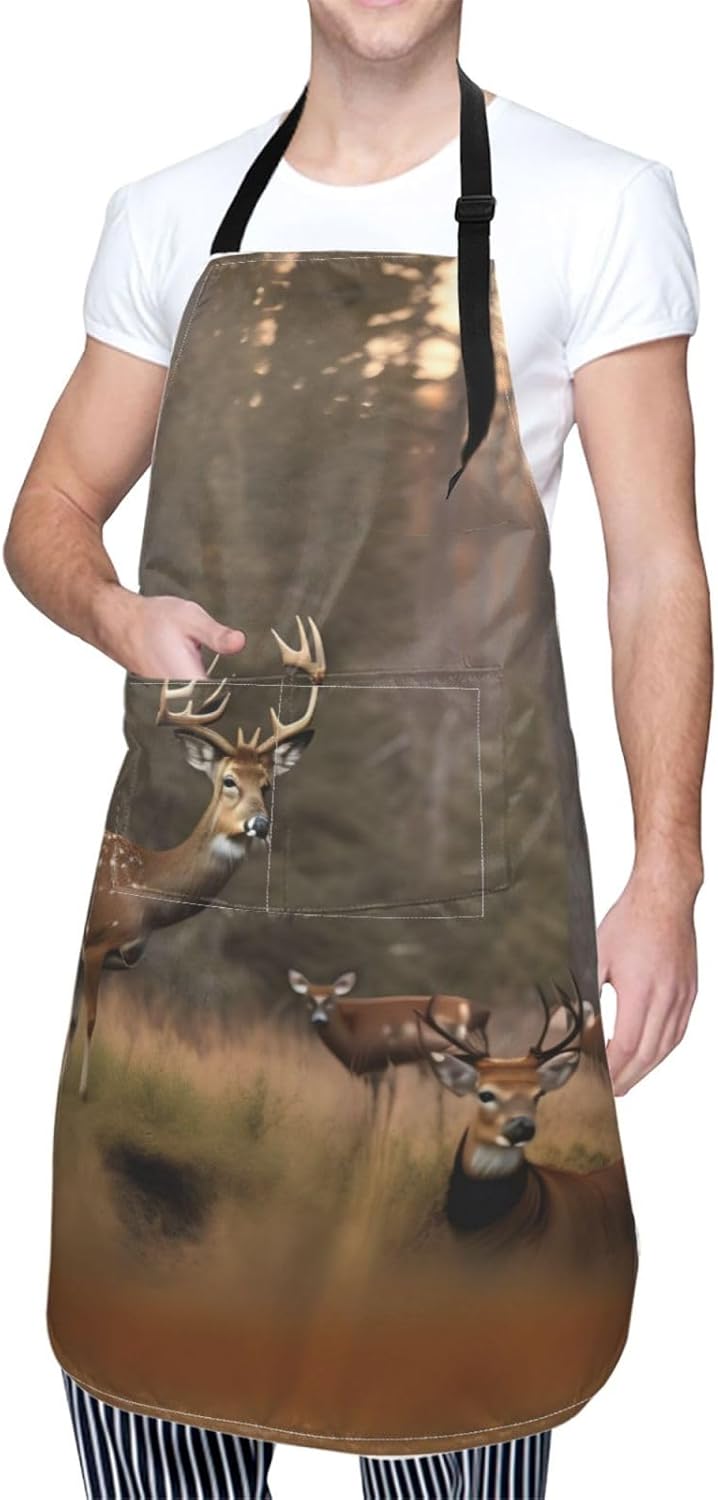 Deer Hunting Print Laundry apron 28x33 In Waterproof Kitchen Apron with Pockets for Cooking Baking