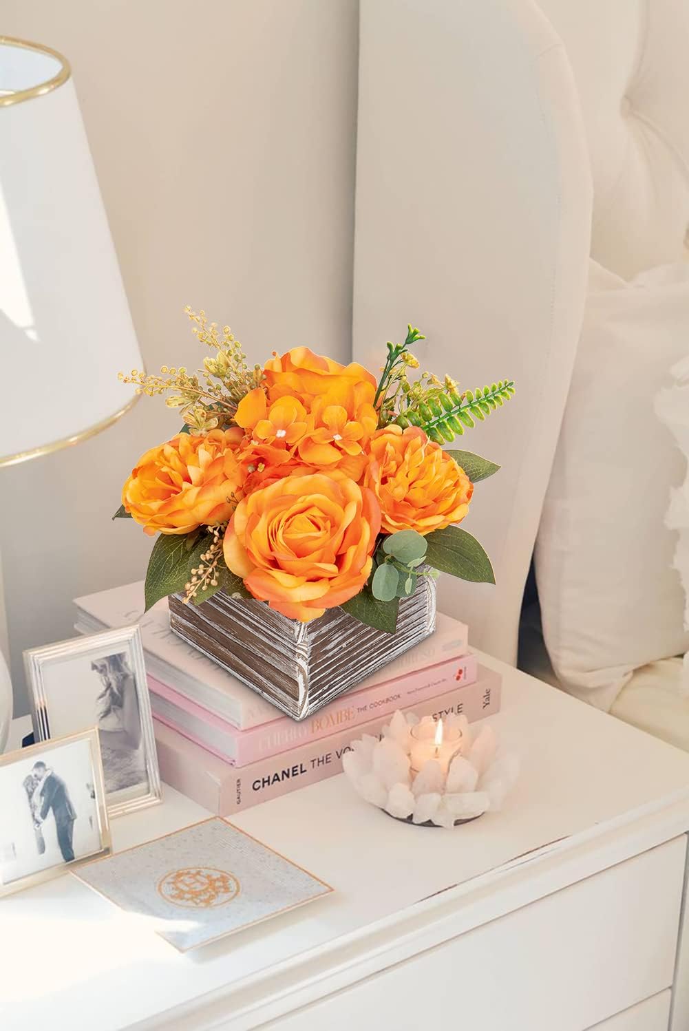 DILATATA Artificial Flower Arrangement, 8'' Orange Roses Peonies Hydrangeas in Wooden Planter, Rustic Fake Flowers in Pot for Home Decor Living Room - 1PC