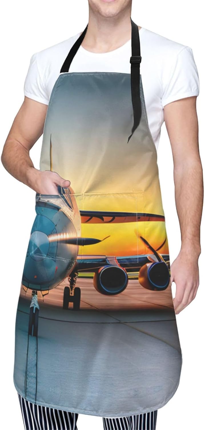 Aircraft Plane at Sunsets Print Laundry apron 28x33 In Waterproof Kitchen Apron with Pockets for Cooking Baking