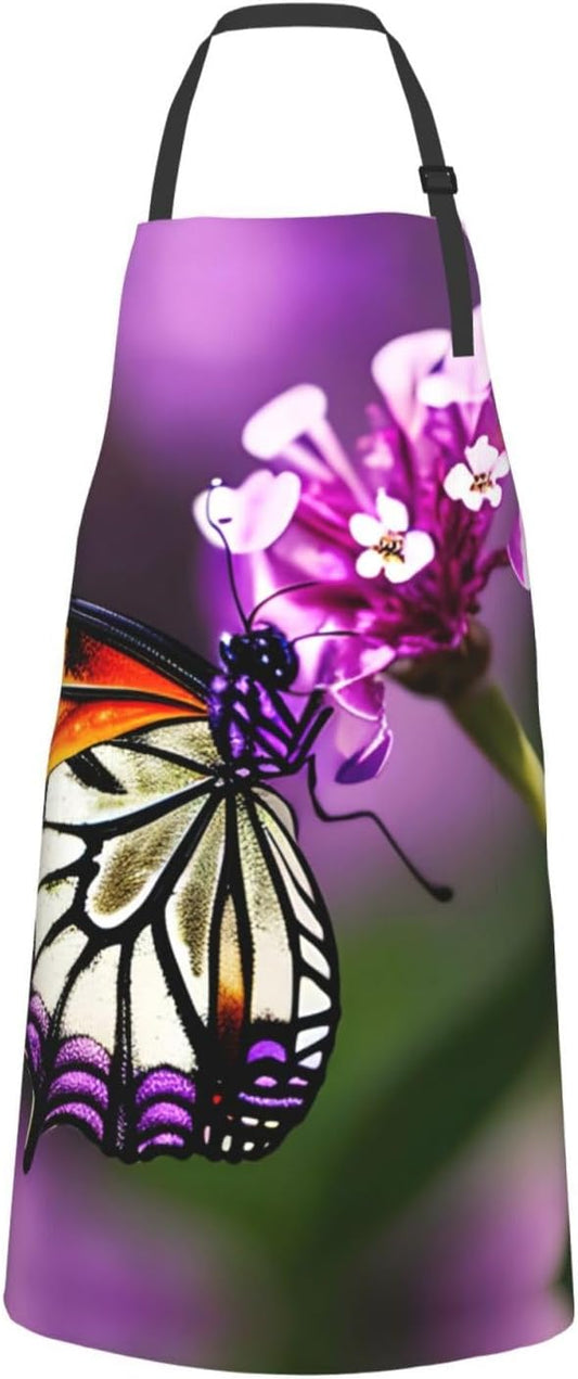 Purple plum butterfly print Waterproof chef's apron with pocket apron for kitchen cooking baking barbecue and gardening