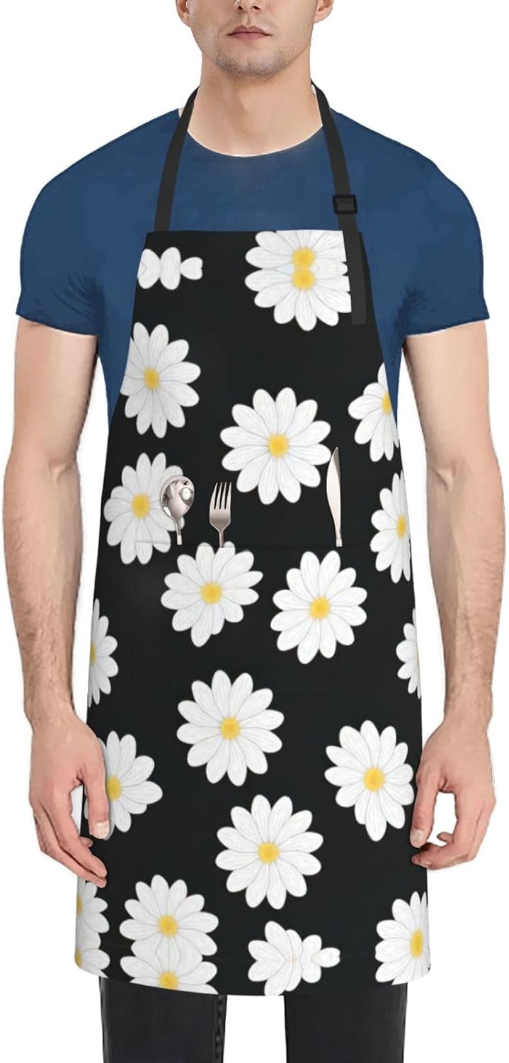 White Daisy 2 Print Laundry apron 28x33 In Waterproof Kitchen Apron with Pockets for Cooking Baking