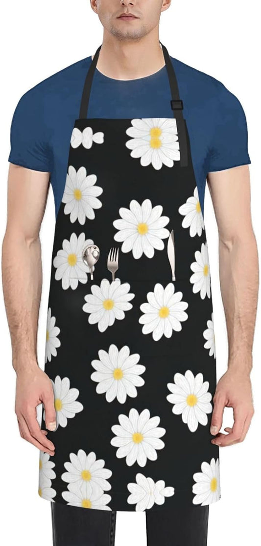 White Daisy 2 Print Laundry apron 28x33 In Waterproof Kitchen Apron with Pockets for Cooking Baking