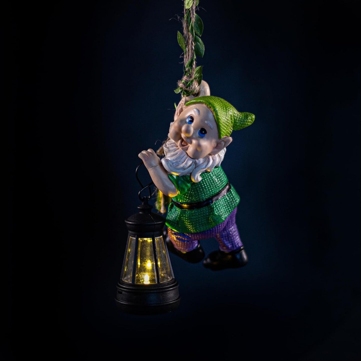 Garden Gnome Solar Lantern Decoration, Green and Purple, Weather-Resistant Resin, Hanging Style, Solar Powered, Whimsical Garden Decor, 6.3 Inch Height