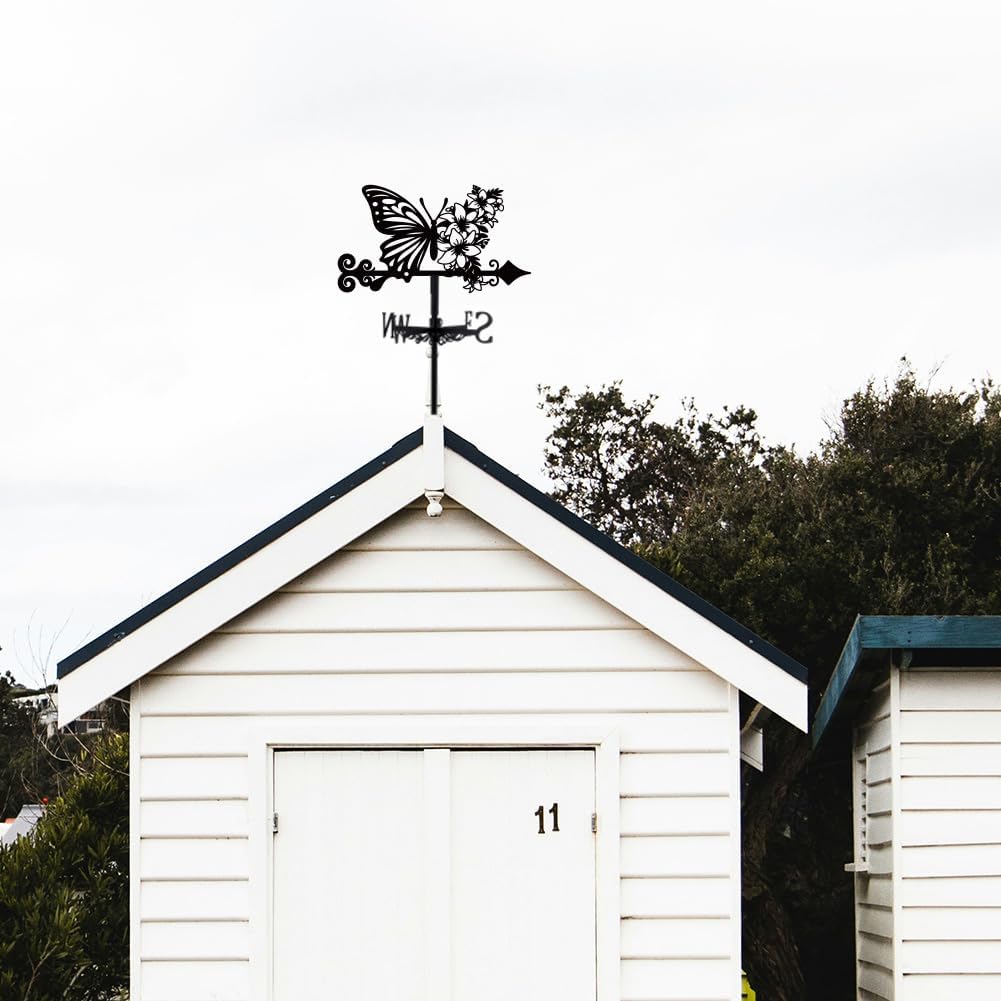 SUPERDANT Butterfly Weathervane Flowers Weather Vane for Yard Metal Wind Vanes Roof Mount for Outside Garden Black Weathervanes Farmhouse Farm Barn Sheds Patio Outdoor Decorations Gifts