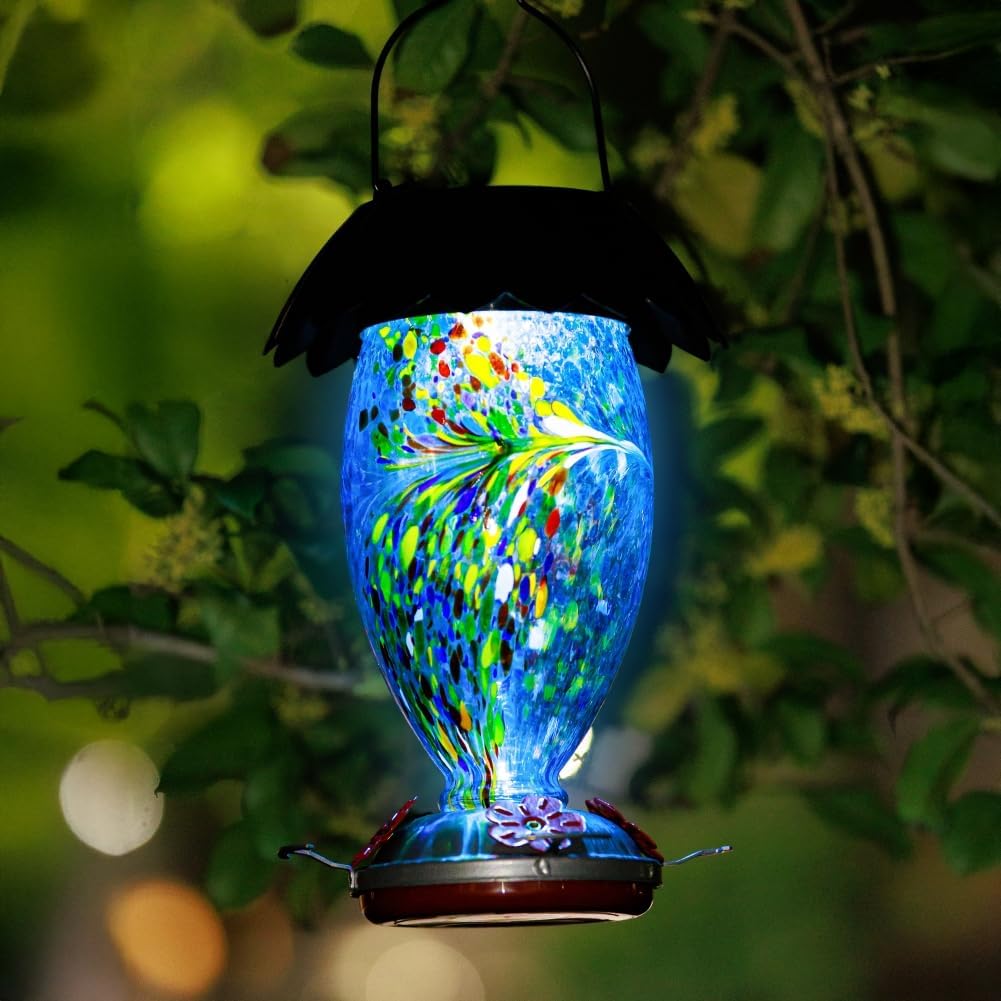 Solar Hummingbird Feeder for Outdoors Hanging Colorful Lighting 32 Oz Hand Blown Glass Hummingbird Feeder for Garden Decoration with Accessories (Blue)