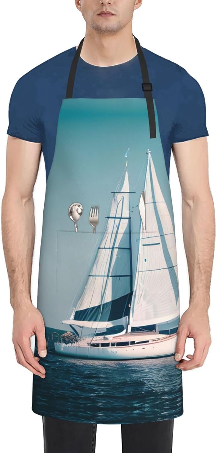 Sailboat Ship Landscape print Waterproof chef's apron with pocket apron for kitchen cooking baking barbecue and gardening
