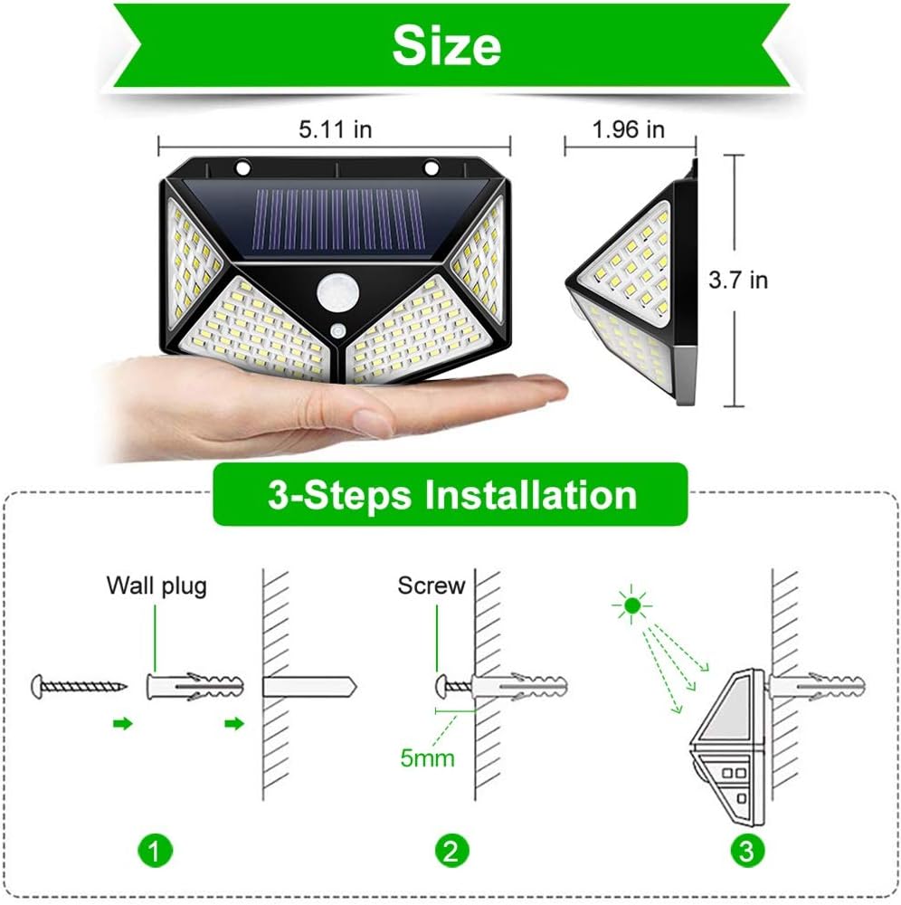 Wall Light Solar Light Outdoor Solar Lamp with Motion Solar LED Light Waterproof Sunlight Powered for Garden Decoration (Size : 4 Piece 102 LEDs) (1 Piece 100 LEDs)