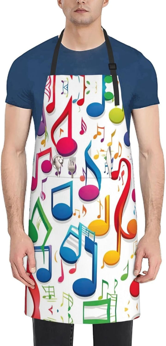 Colorful Music Notes 1 print Waterproof chef's apron with pocket apron for kitchen cooking baking barbecue and gardening