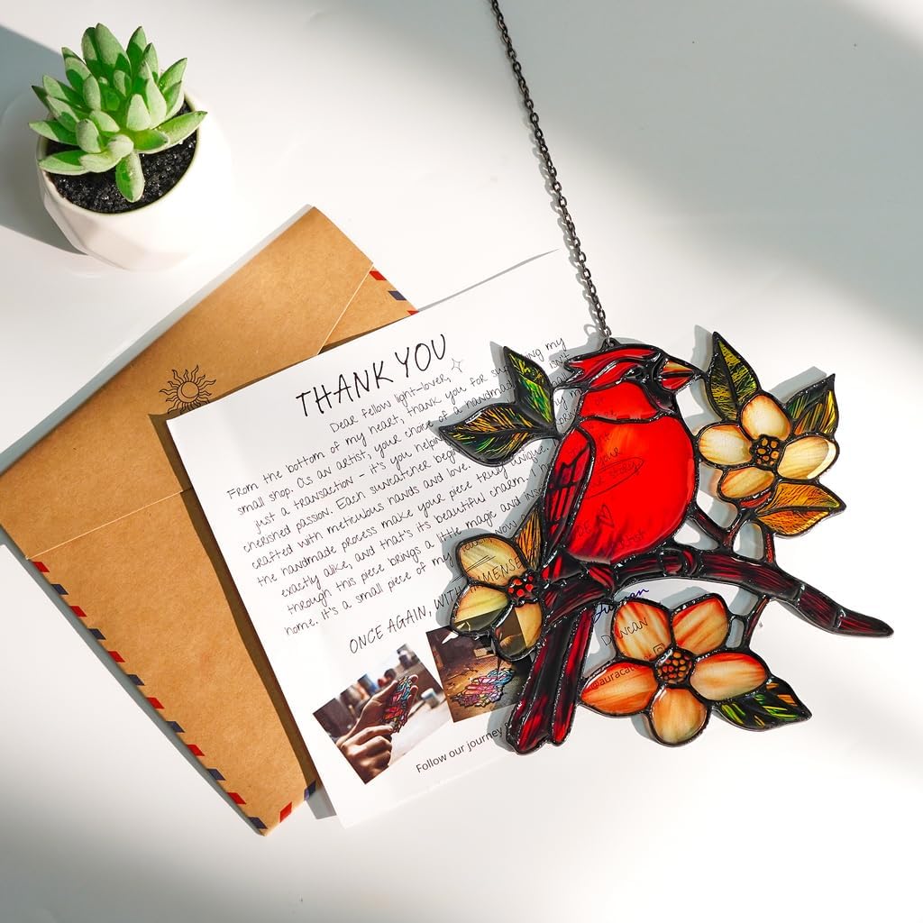 Cardinal Handmade Resin Suncatchers Red Bird Memorial Sympathy, Artisan Sun Catcher Stained Glass Effect Window Hanging Garden Decor, Valentines Day Gift for Women Mom Wife