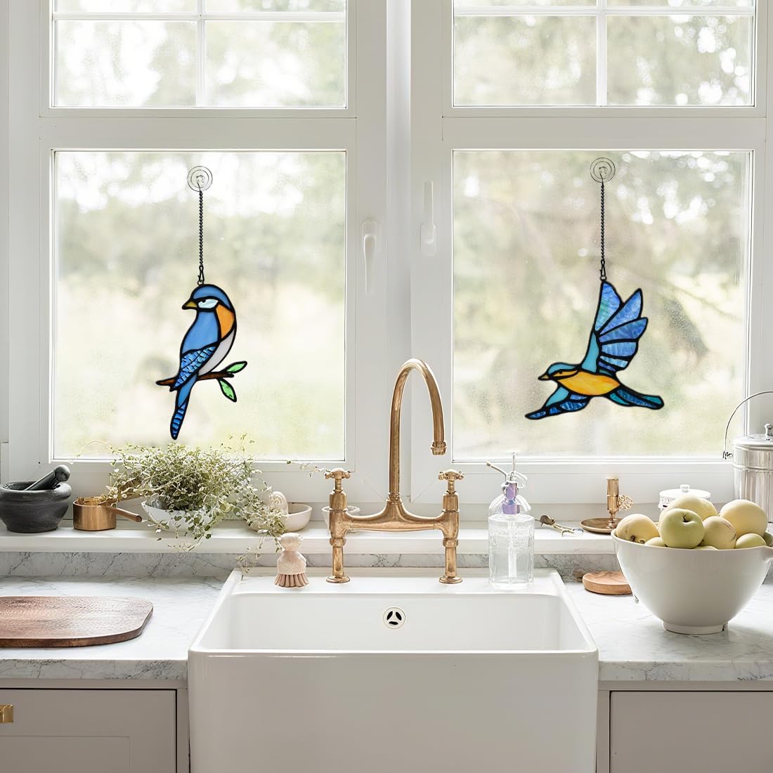 BOXCASA Blue Birds Decor Stained Glass Suncathers for Window,Stained Glass Bird Window Hanging,Birds Gifts for Bird Lovers,Birthday Gift for Women Mom Grandma