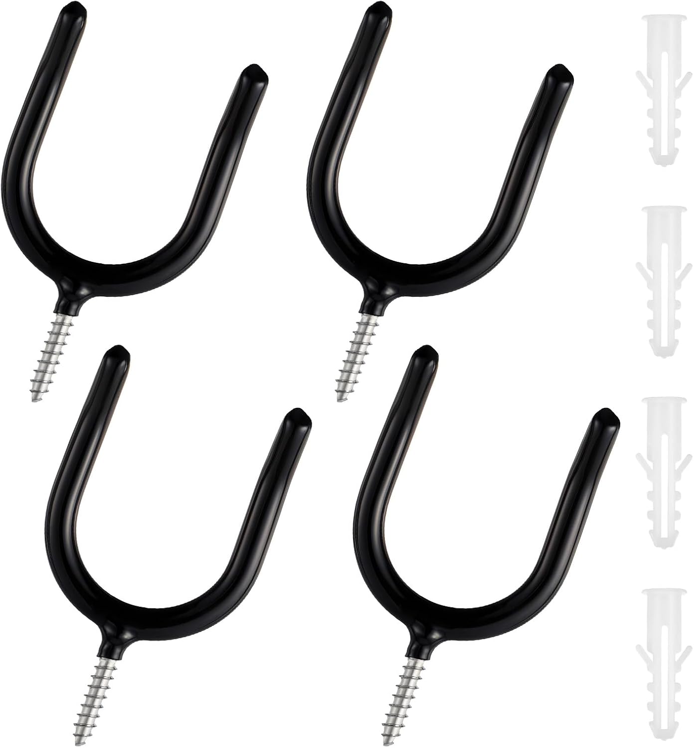 4PCS Screw in U Shaped Hook, Wall Mount Garage Storage Organizer Hanger U Hooks with Box for Hanging Garden Tools, Black