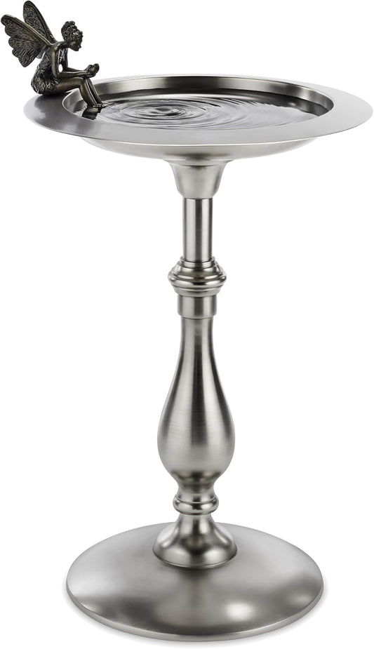 Pewter Pedestal Bird Bath with Fairy Statue, Free Standing Bird Bath, for Outside Backyard, Outdoor Patio, Garden, Birdbath by Good Feeder Gift for Bird Lovers, Large Aluminum Pewter