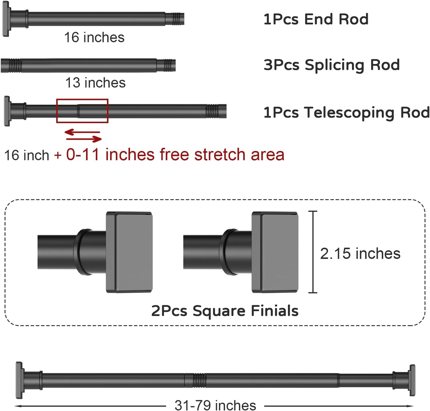 Shower Curtain Rod Adjustable 31-79", Anti-Rust Shower Rod & Spring Tension Shower Rod No Drill, Black Shower Curtain Rod for Bathroom Tension Rod