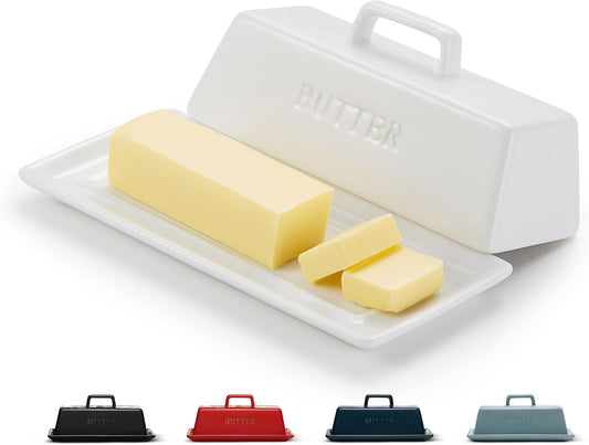 Butter Dish with Lid for Countertop, by Kook, Ceramic Dish Tray with Cover, Kitchen Keeper, Container, Holder (White)