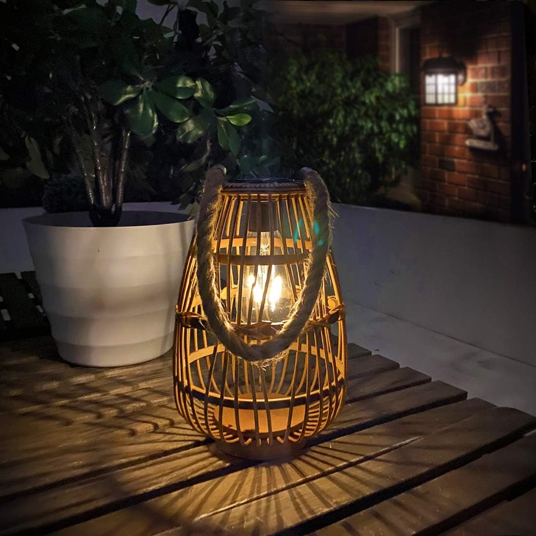 Natural Rattan Solar Lantern with Handle - Large Waterproof LED Decorative Garden Lights, Bright Rattan Solar Table Lamp for Yard, Patio, Wedding, Home Decoration