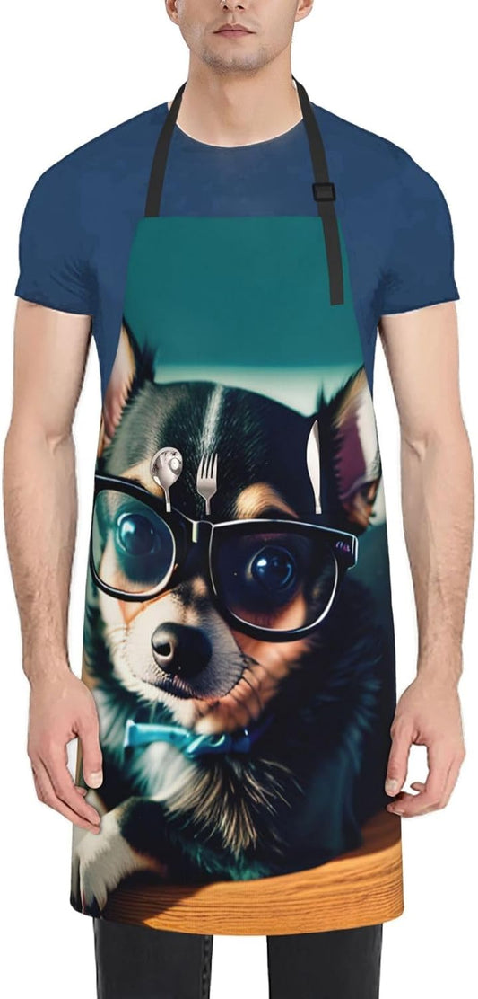 Chihuahua Dog Glasses print Waterproof chef's apron with pocket apron for kitchen cooking baking barbecue and gardening