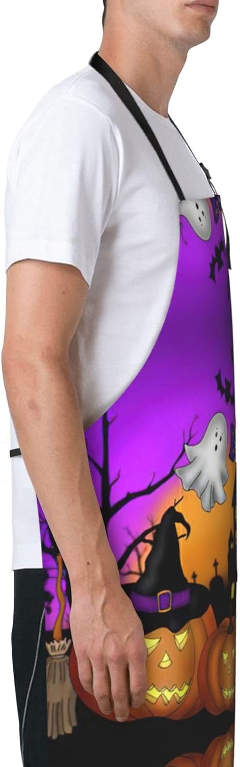 Halloween Owl Ghost Pumpkin Print 28 x 33in Waterproof Apron with Pockets Fashionable Versatile Smock for Baking
