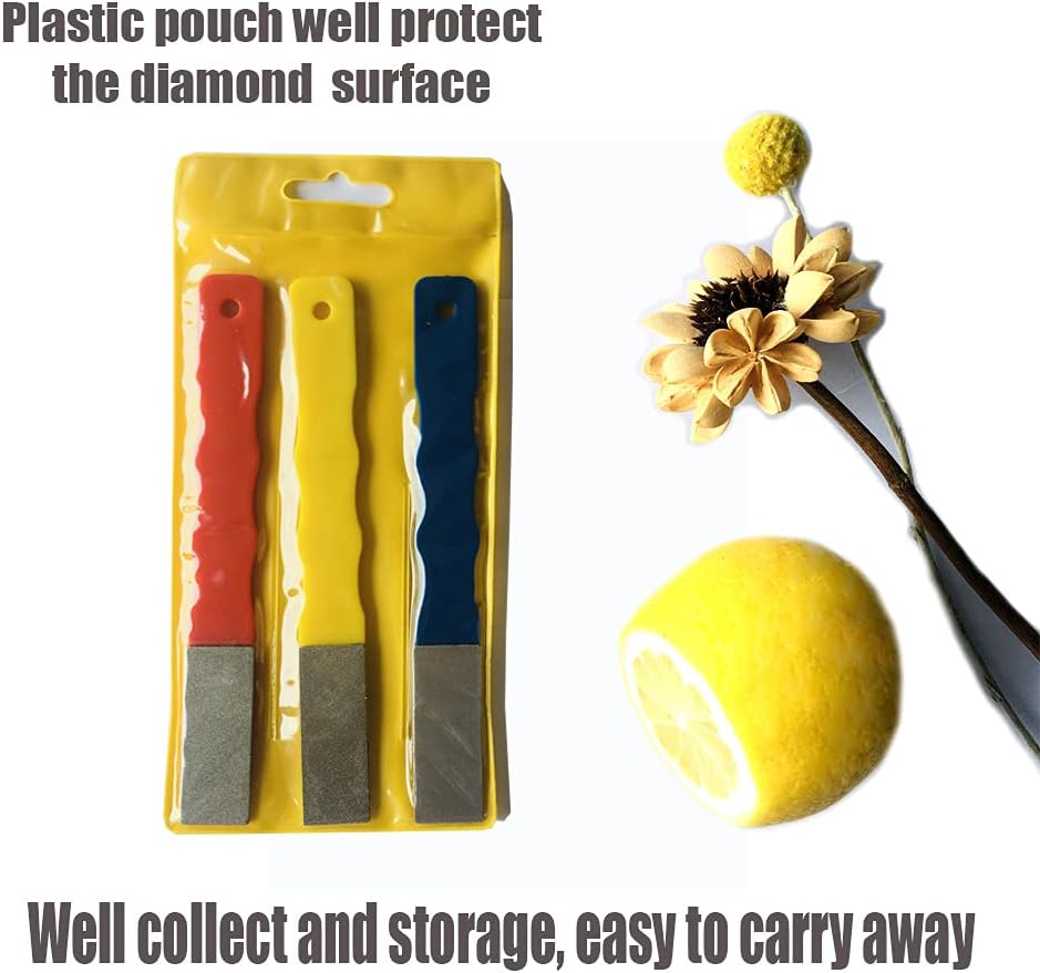 Diamond Color Coded Mini Diamond Hone Kit 3Grits #220,400,600 Flat Hand File Knife Sharpener Red/Yellow/Blue - 3pcs