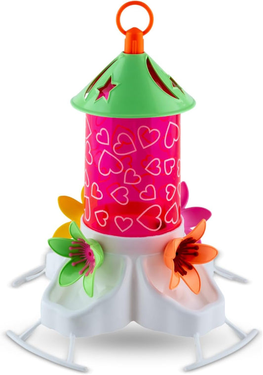 Decorative Hummingbird Feeder for Outdoors – Eco-Friendly Durable Plastic Bird Feeder with Perch, Roof & Flower Ports – Easy to Fill & Clean – Attracts Hummingbirds Naturally (Pink - Heart Patten)