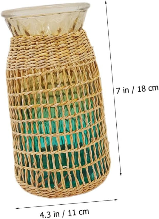 BESTOYARD 2pcs Rattan Woven Glass Flower Vase Set, Wide Mouth Desktop Vase, Decorative Planter Pot for Home and Office Décor, Blue and Burgundy Color, Boho Style