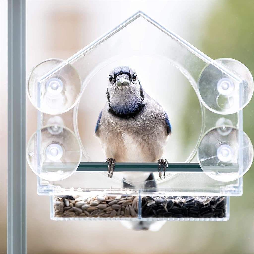 Acrylic indo Bird Feeder Large Size ith Suction Cup Detachable Seed Tray ith Drain Hole Bird House for Bird atching