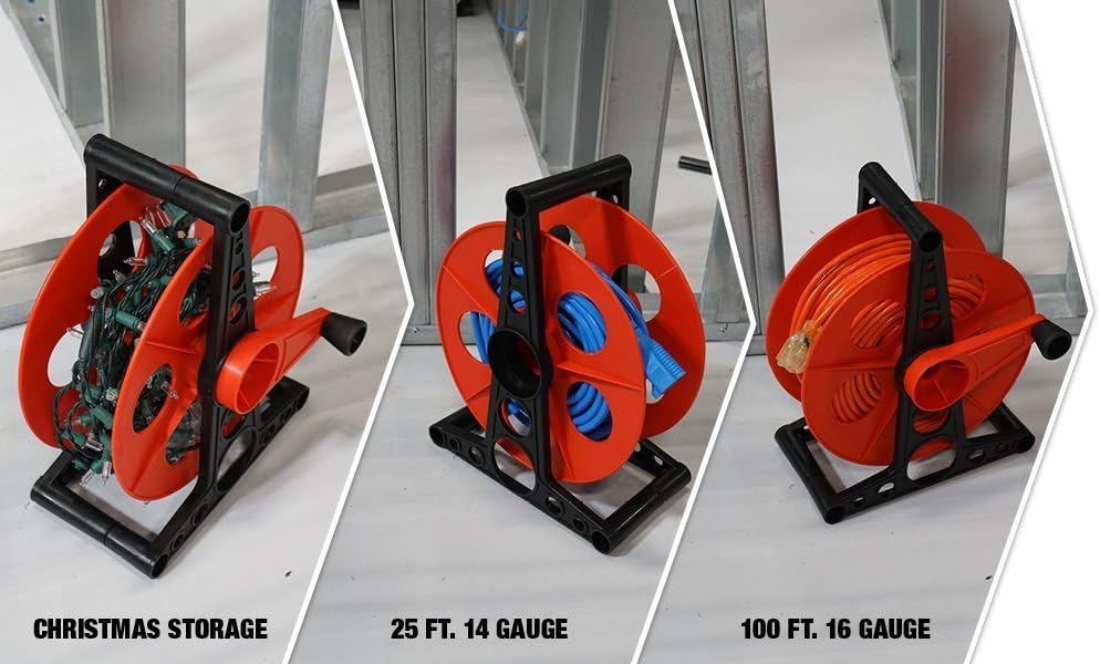 Woods Extension Cord Storage Reel - Holds Up to 150 Feet of 16/3 or 125 Feet of 14/3 Gauge Cord - Tangle-Free Design for Indoor or Outdoor Use - Side-Mounted Crank - Red & Black