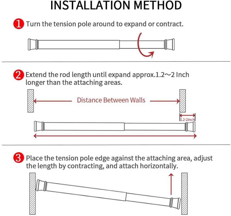 Spring Tension Curtain Rods 28-43 Inch Adjustable Spring Loaded Small Mini Extendable Heavy Duty Black Curtain Tension Rod For Kitchen, Bathroom, Window, Bookshelf,Closet