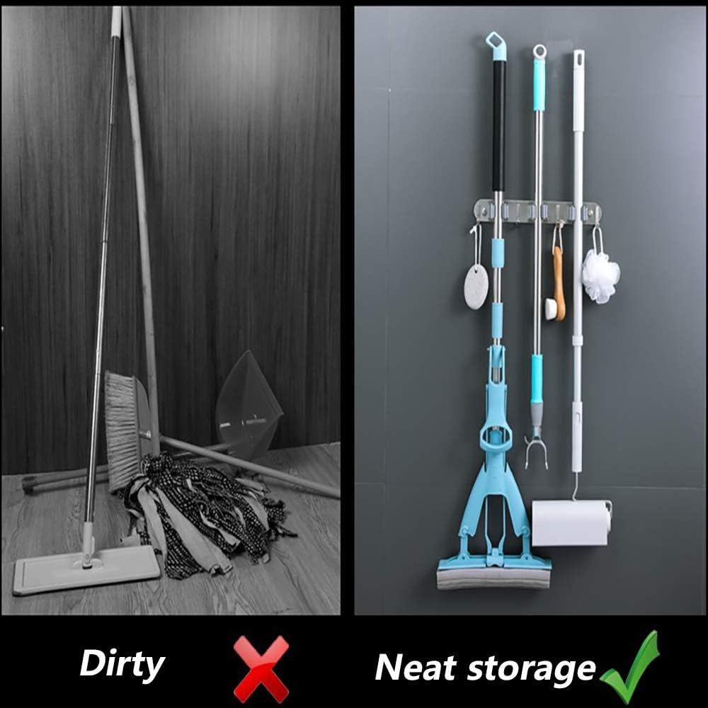 DGSL 2 PCS Broom Holder Wall Mount with 3 Racks 4 Hooks, Stainless Steel Wall Mounted Organizer Mop and Broom Storage Tool Rack for Home Kitchen Garden
