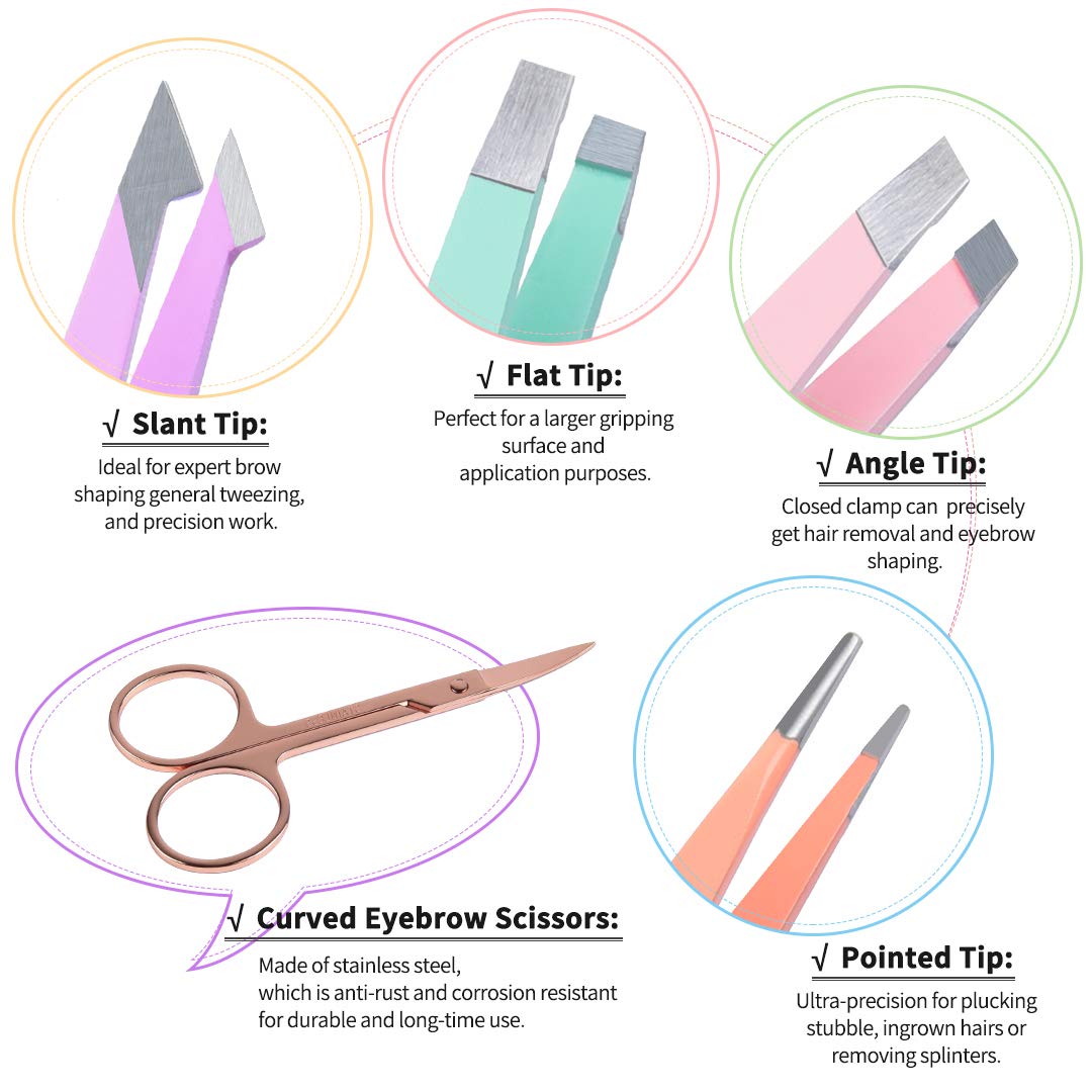 TsMADDTs 6 pcs Tweezers Set for Women, Eyebrow Tweezers with Curved Sc