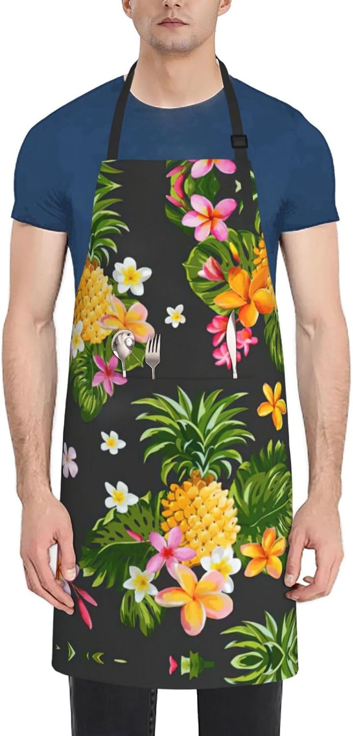 Tropical Pineapple Hawaiian Print Laundry apron 28x33 In Waterproof Kitchen Apron with Pockets for Cooking Baking