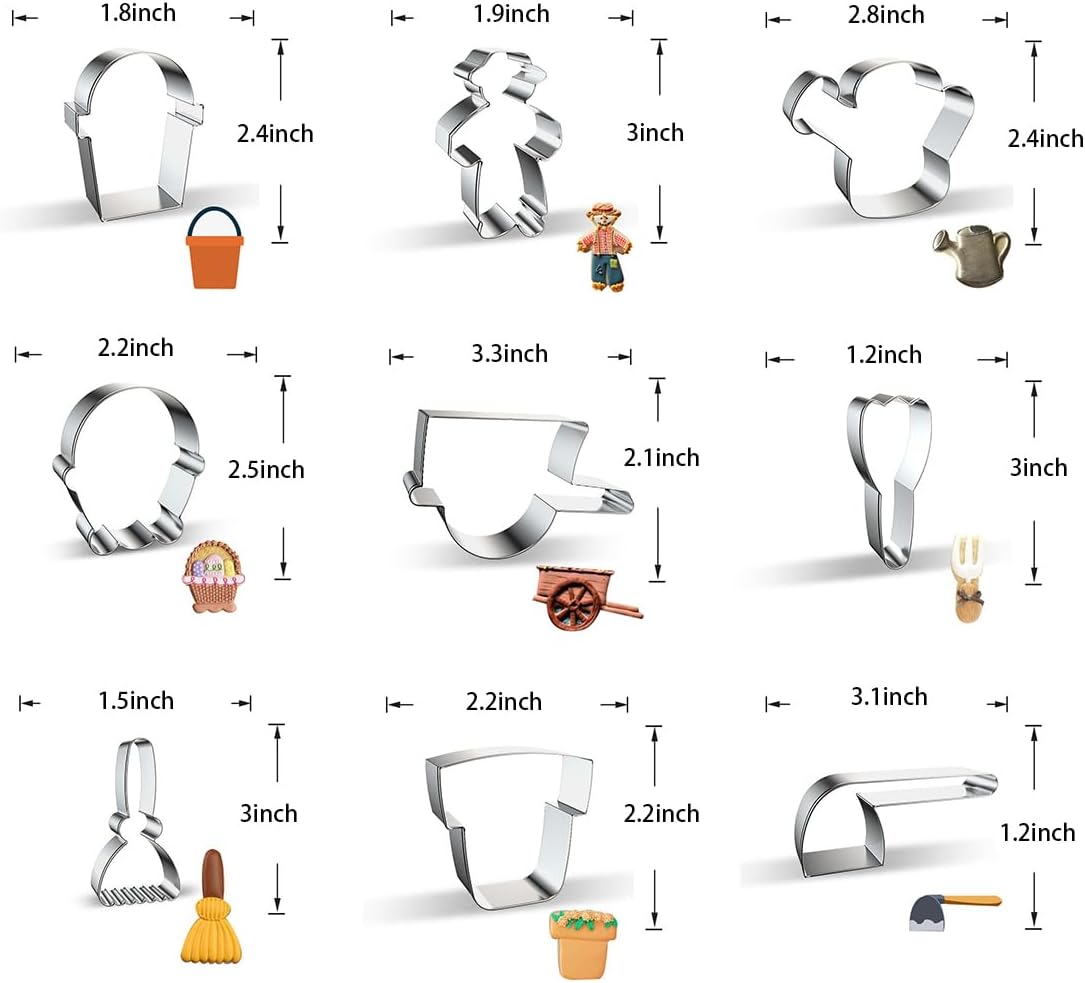 Farm Cookie Cutters 9 Piece Set – Bucket Scarecrow Watering Can Flower