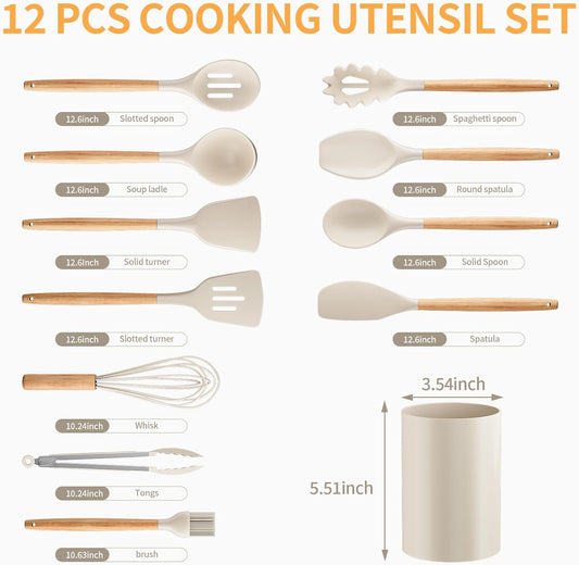 Silicone Cooking Utensil Set,12 PCS Cooking Cookware Kitchen Utensils 