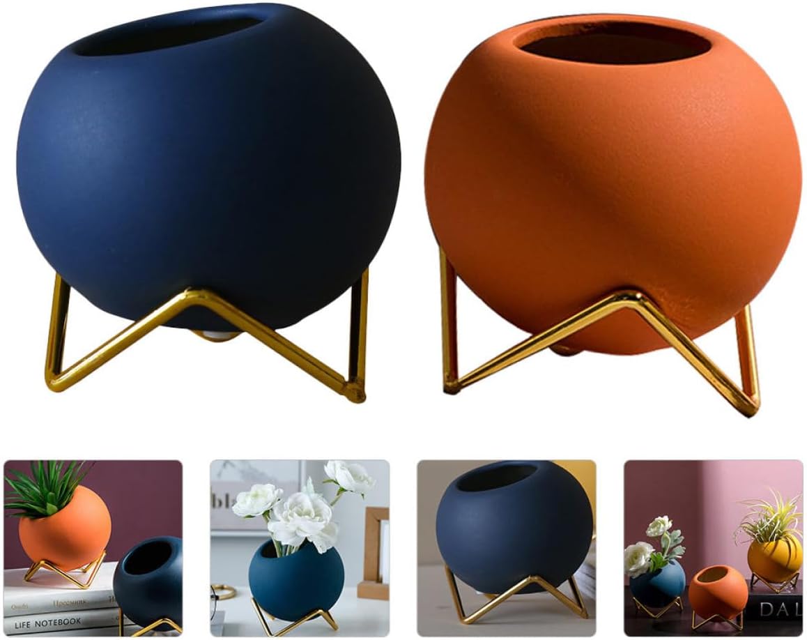 FAVOMOTO Nordic Ceramic Flower Vase Set 2pcs with Iron Frame Spherical