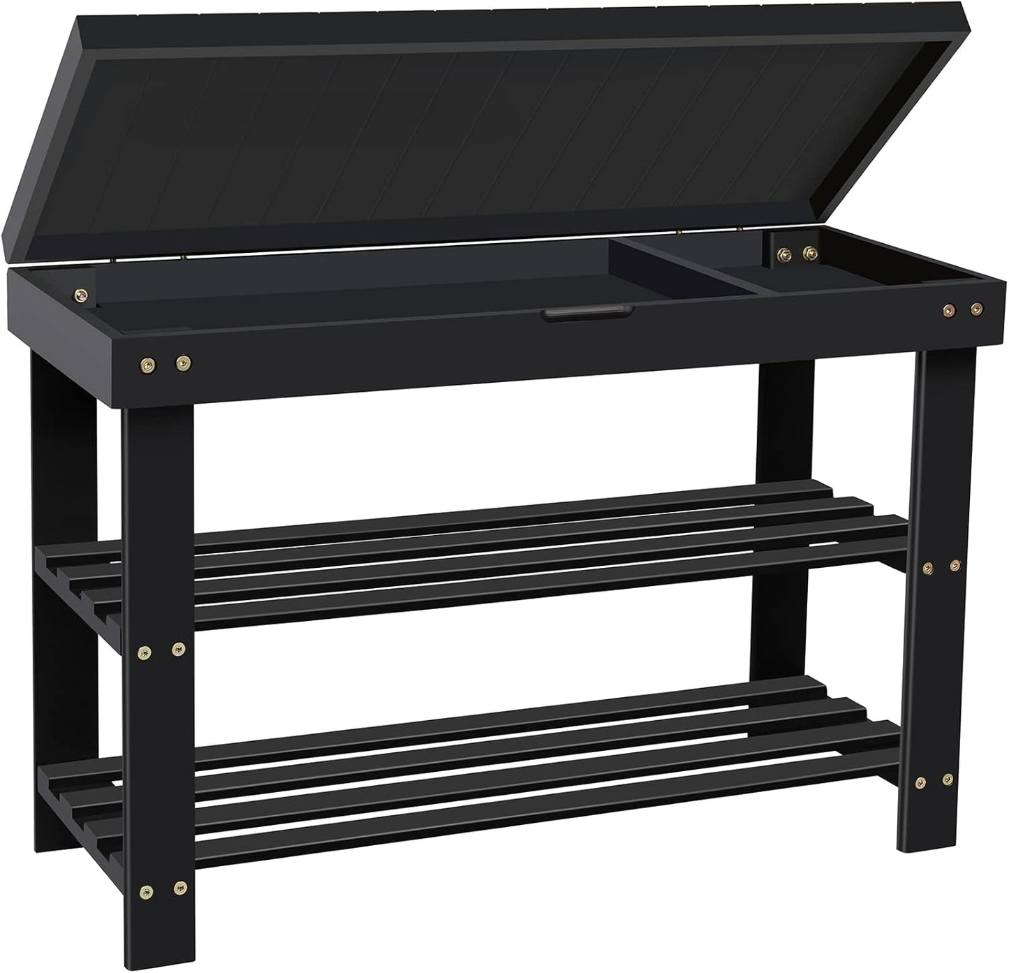 BAMBUROBA Shoe Rack Bench for Entryway,3-Tier Bamboo Small Bench with Storage Drawer,Shoe Shelf Organizer Indoor Outdoor Use,Black