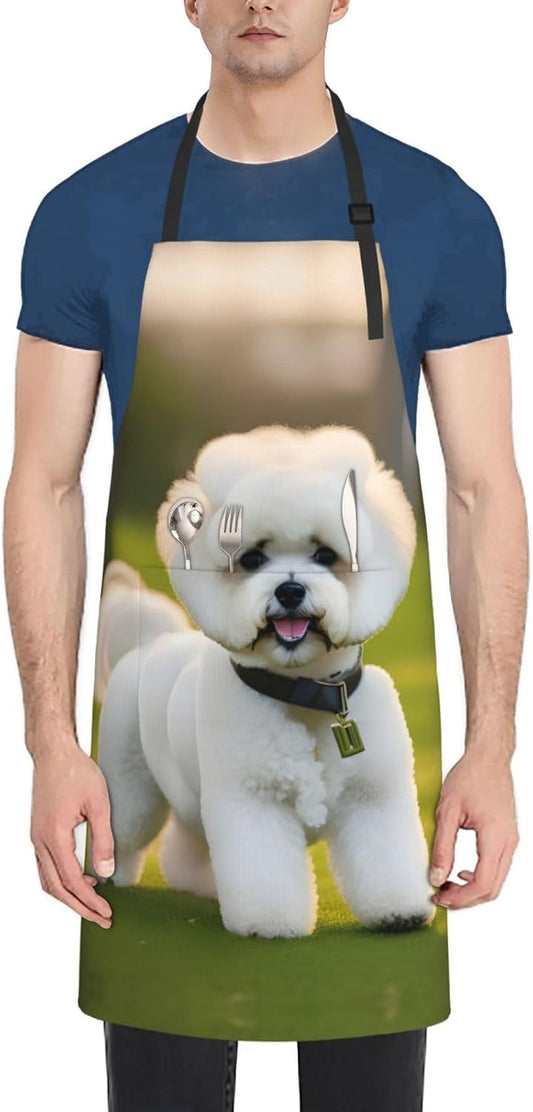 Bichon Frise Dog on the grass print Waterproof apron with pocket adjus