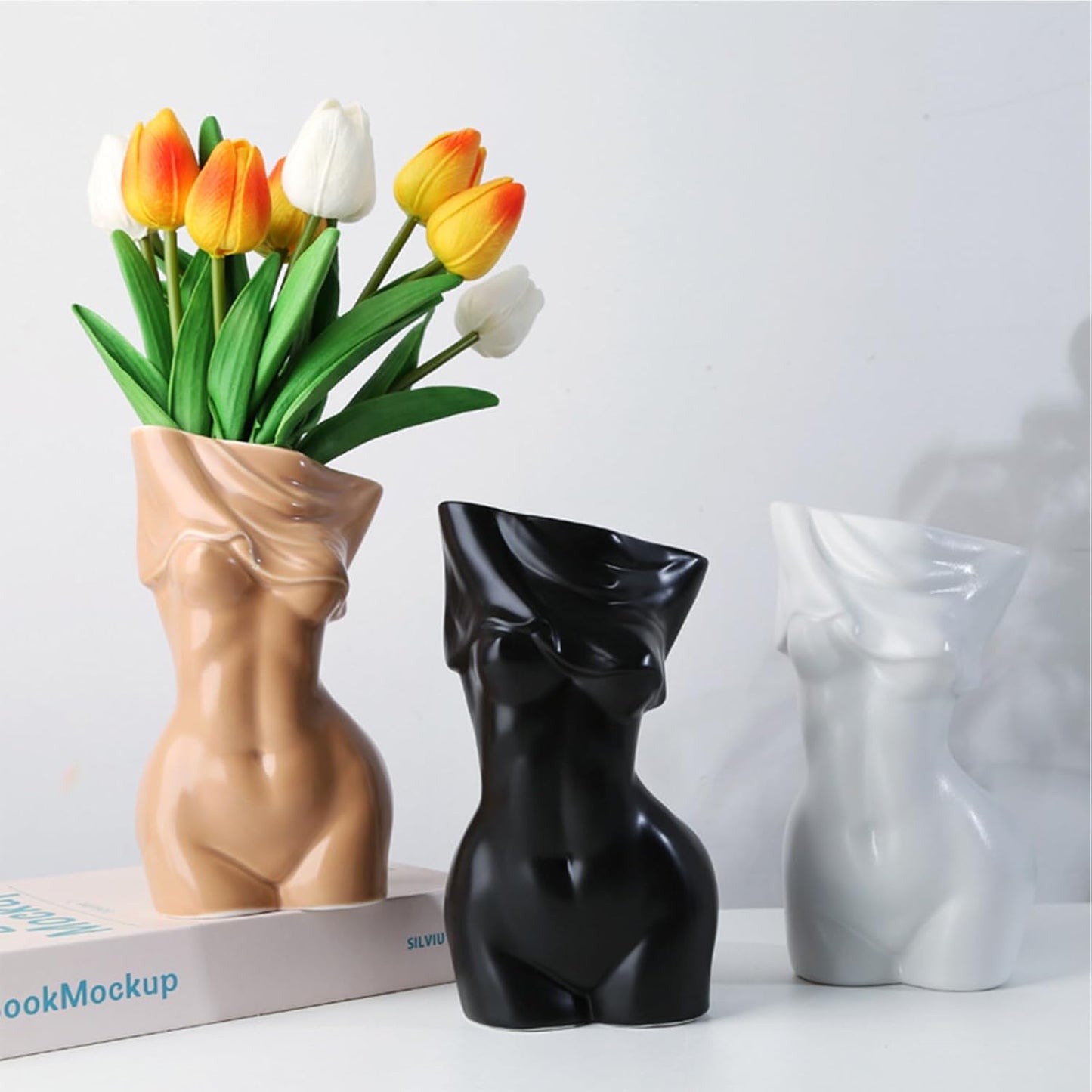 Black Female Body Vase - Unique Undressing Ceramic Flower Planter, Modern Curved Art Sculpture for Home Decor, Table, Shelf & Desk 7.68inches (Black)