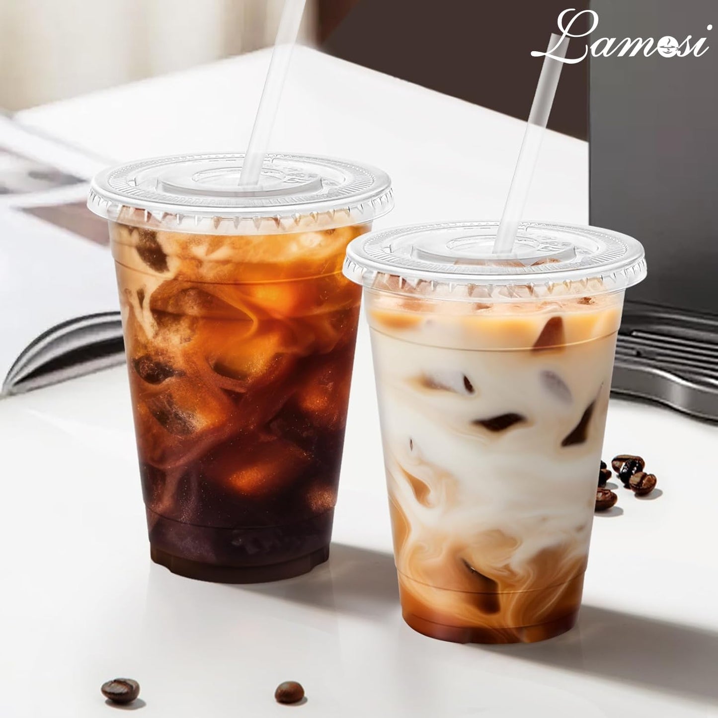 Lamosi 100 Pack 16 oz Clear Plastic Cups with Lids and Straws, Disposa
