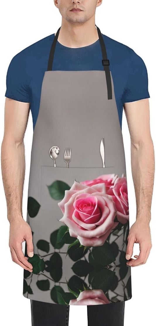 Pink Rose Print Laundry apron 28x33 In Waterproof Kitchen Apron with P