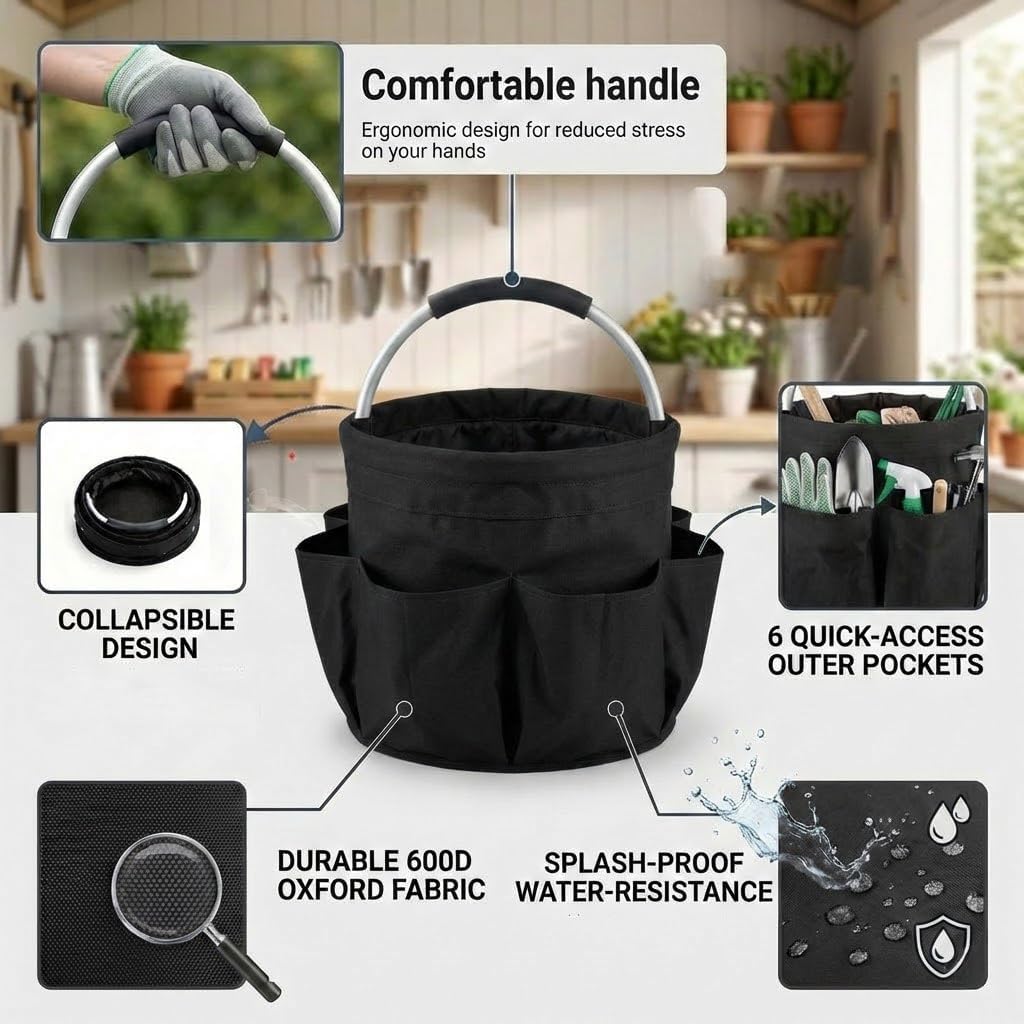 Multifunctional 17L Cleaning Caddy,Foldable 600D Organizer Bag with EVA Grip and 6 Pockets,Portable Storage Tote for Housekeeping,Car Detailing,Garden,Bathroom and Dorm (black)