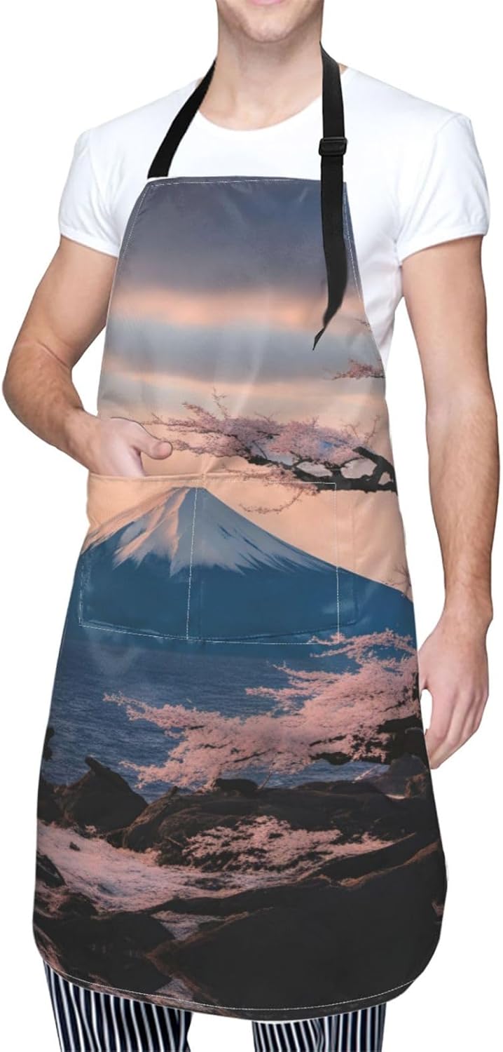 Japan Mount Fuji Landscape print Waterproof chef's apron with pocket apron for kitchen cooking baking barbecue and gardening